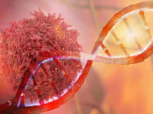تصویر کامپیوتری از یک سلول سرطانی که در حال حمله به یک رشته DNA است