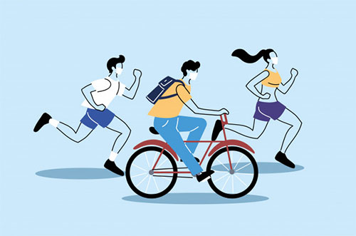 تصویر کارتونی از چند جوانی که هر کدام در حال انجام یک نوع ورزش هستند:مثل دوید ،دورچخه سواری و...