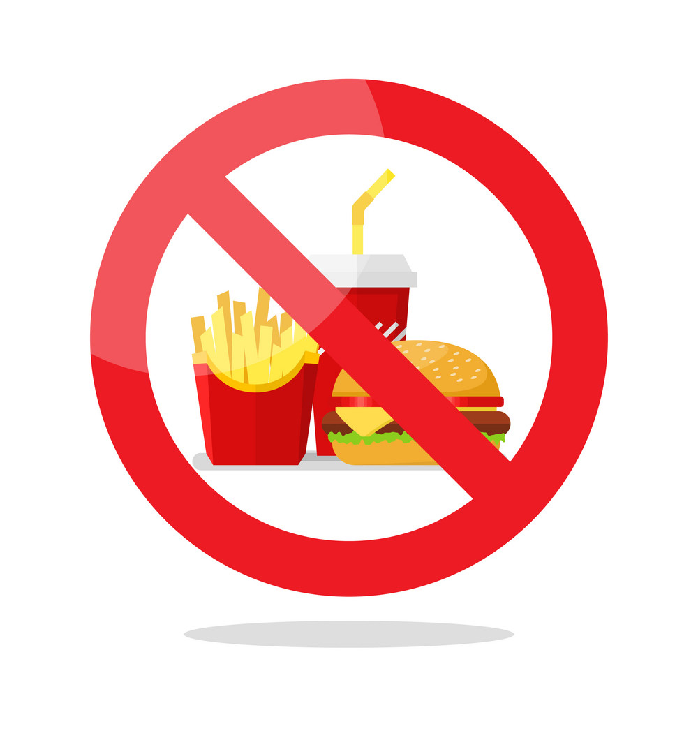 تصویری از همبرگر ، نوشابه و سیب زمینی که روی آن لوگوی خوردن آن ممنوع هست گذاشته شده