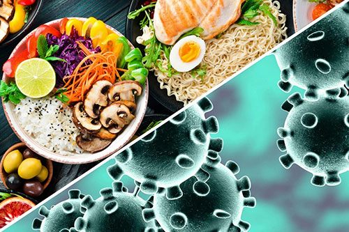 تصویری از بیماری ویروس کرونا و تصویری از غذا های پر خاصیت